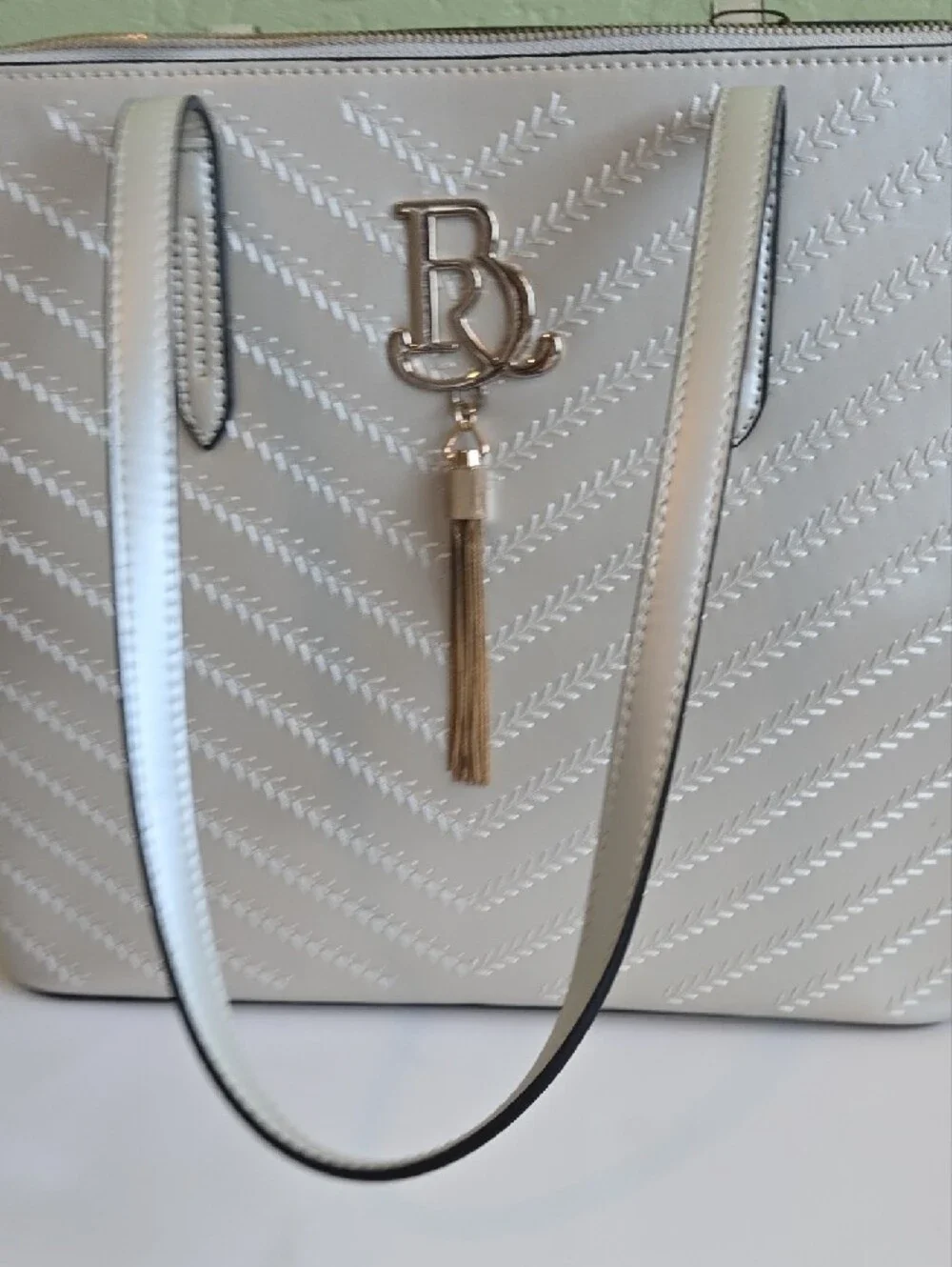 Silver Chevron Embossed Work Tote Bag NWT Large Shoulder Purse Brangio Italy NWT